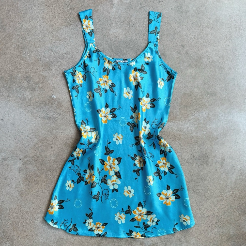 Winlar Blue Floral Satin Slip Dress